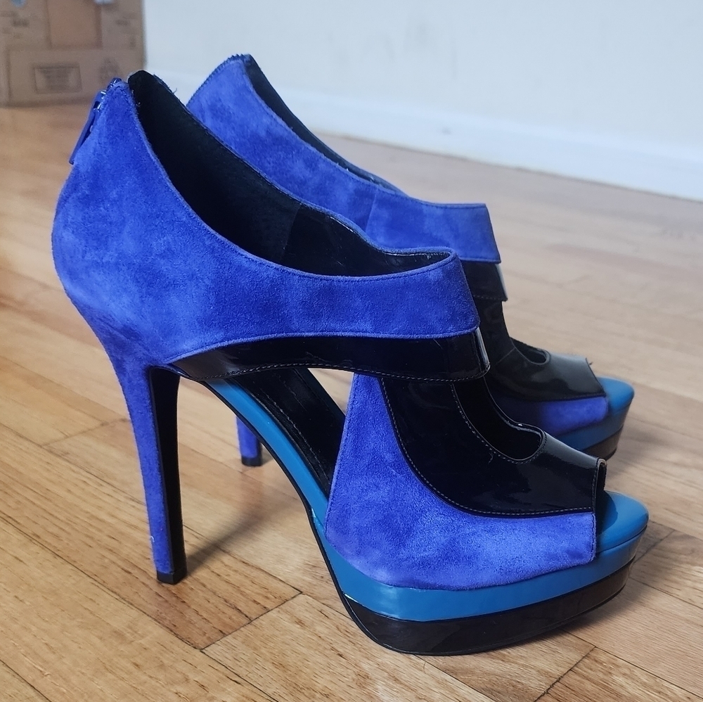 Jessica Simpson Evannan Royal Blue Suede Zip-Back Platform Shootie Heel size 7.5